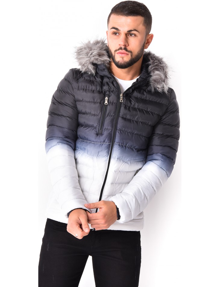 Black and White Ombré Padded Jacket with Fur