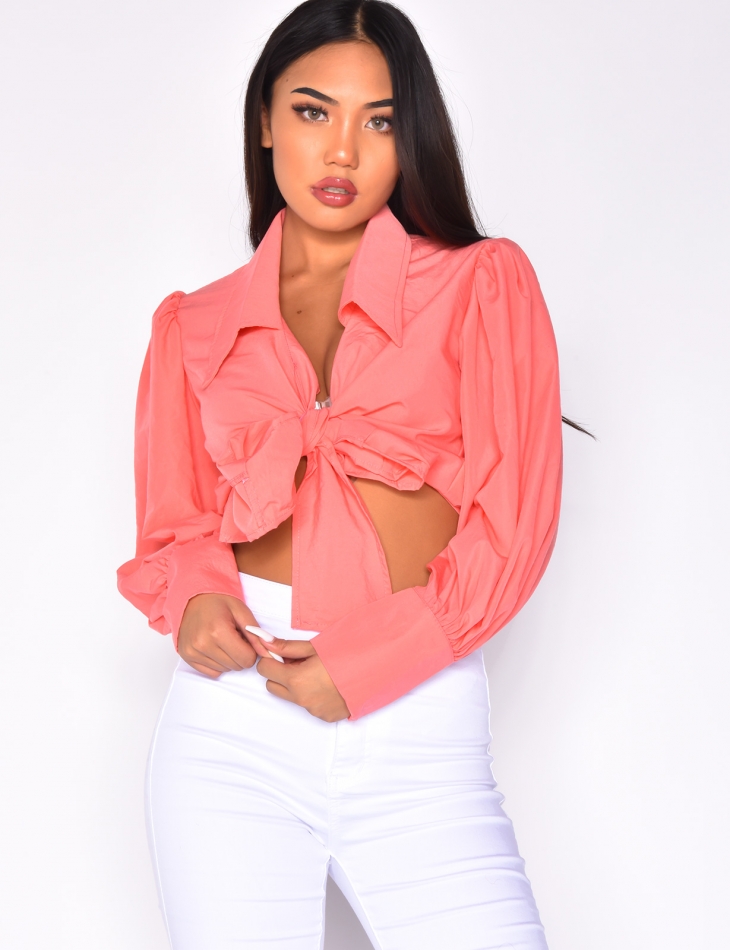 Shirt Collar Crop Top with Puff Sleeves