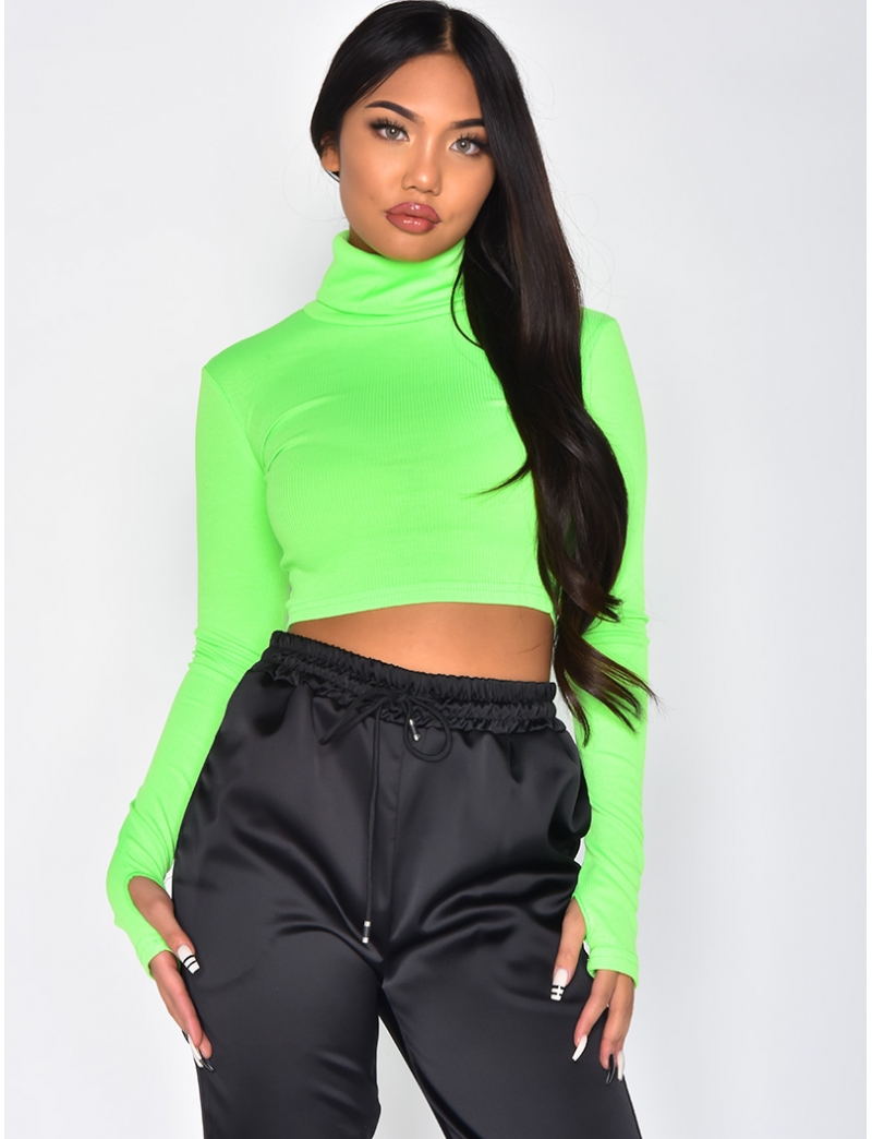 Fluorescent Long-Sleeved Polo Neck Crop Top - Jeans Industry