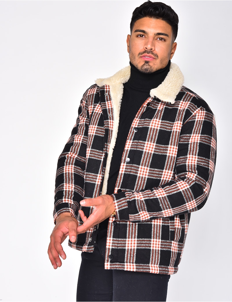 Fur-Lined Checked Jacket with Fur Collar - Jeans Industry