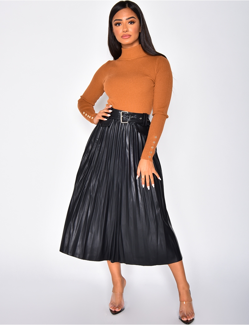PU Leather Pleated Skirt with Belt - Jeans Industry