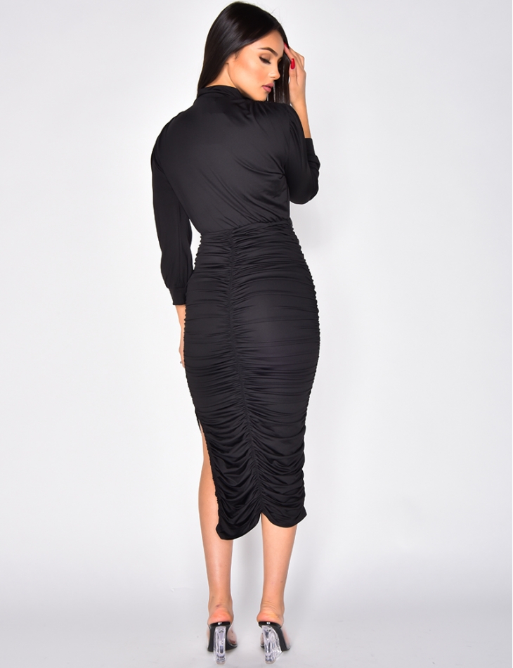 High Neck Drape Dress with Long Sleeves
