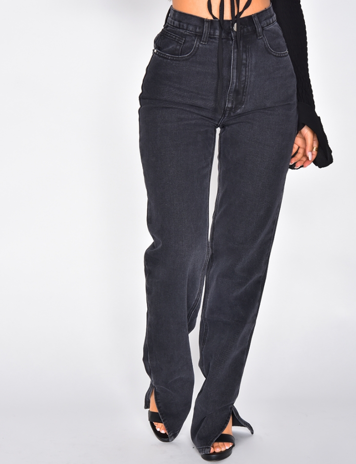 High Waisted Straight Leg Jeans with Slits