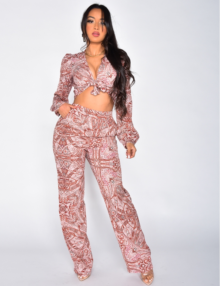Transparent Tie Crop Top with Paisley Pattern