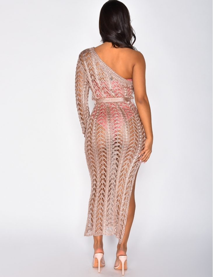 Long Glittery Knit Asymmetric Dress with Slit