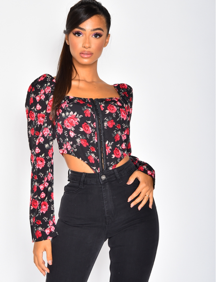 Crop Top with Puff Sleeves and Flowers