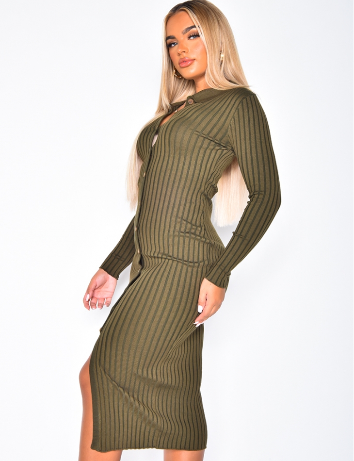 Long Ribbed Dress with Buttons