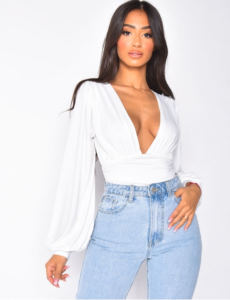 Low-Cut Bodysuit with Wide Sleeves