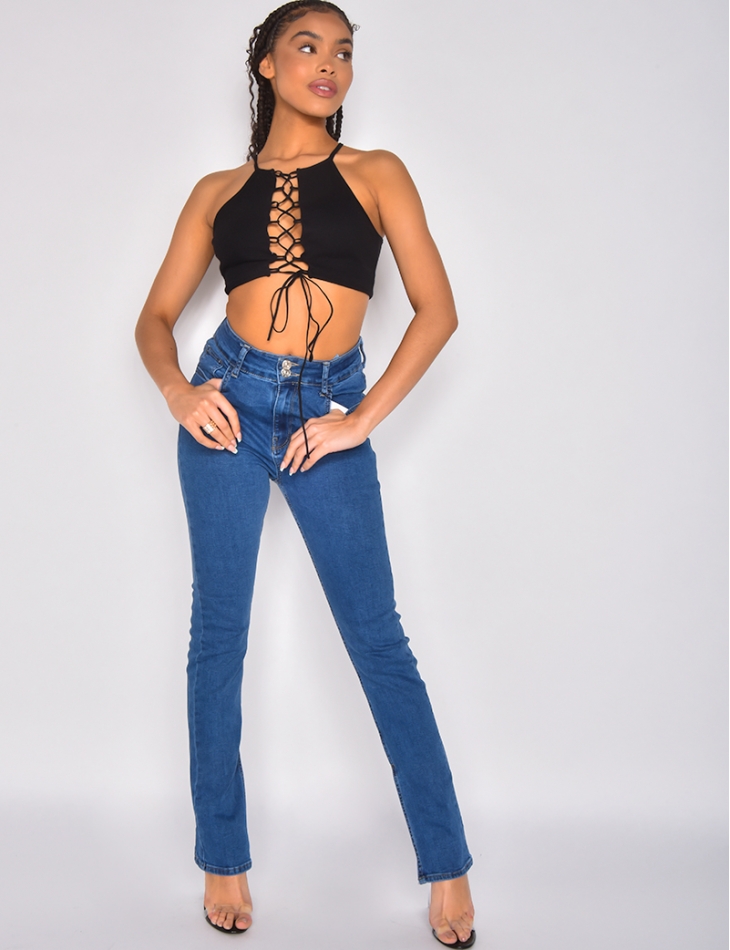 Ribbed crop top with lace-up front and thin straps