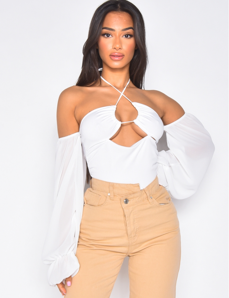 Tie crop-top with puff sleeves