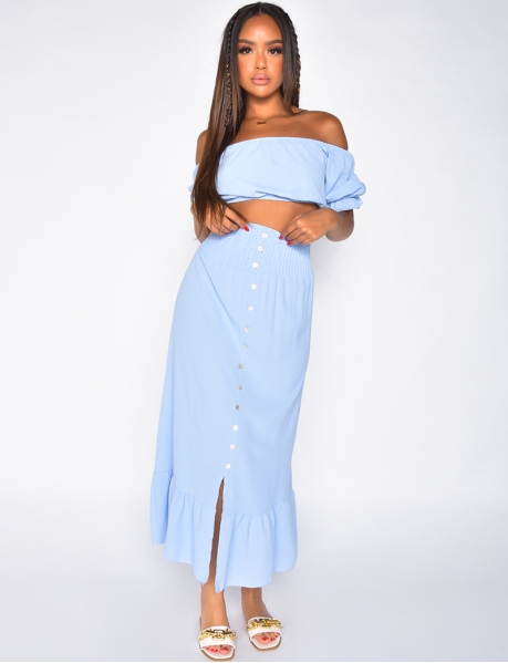 Crop Top and Long Ruched Skirt with Button Co-ord