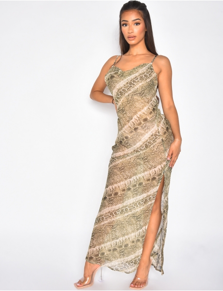 Fluid long dress with transparent slit with snakeskin print