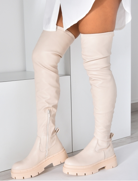 Faux leather thigh-high boots with chunky sole