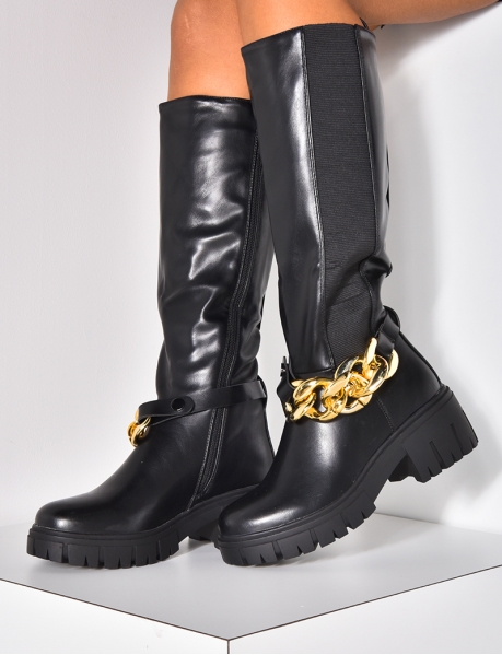 Faux leather boots with gold chain links