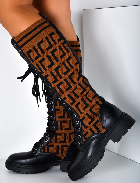 Bi-material, knee-high patterned boots