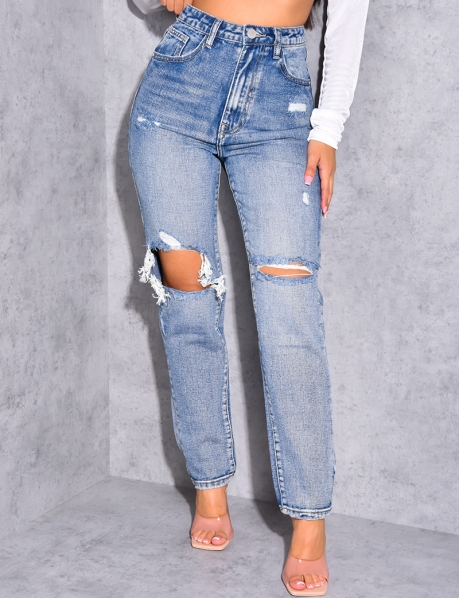 Jeans mit hoher Taille und geradem Schnitt in Destroyed-Optik