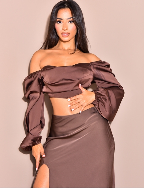 Satin Crop Top with Puff Sleeves