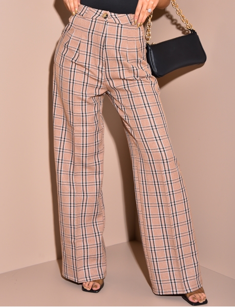 Wide Leg Checked Tailored Trousers