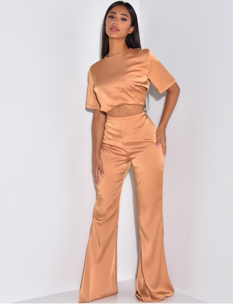 High Waisted Flowing Satin Flared Trousers