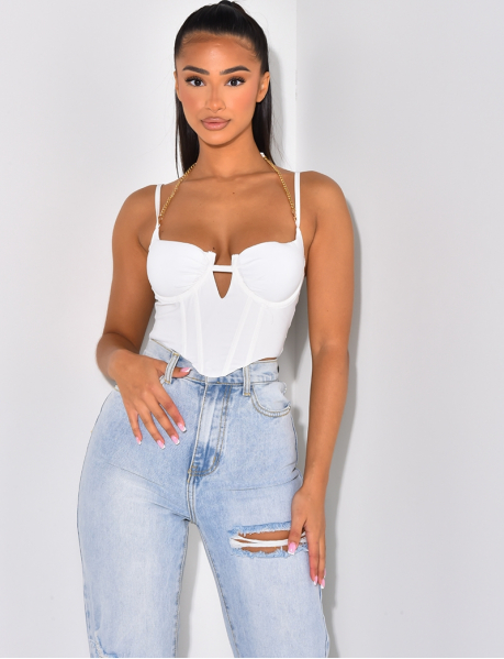 Corset-style crop top with chain