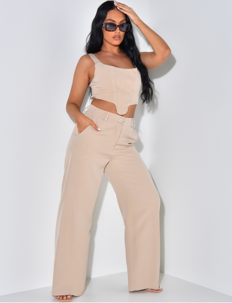 Bustier crop top and wide trousers co-ord