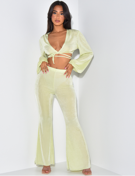Sage green tie crop top and loose trousers co-ord