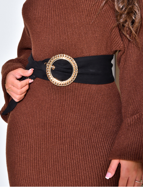 Wide Fabric Belt with Gold Buckle