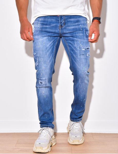 Men's Ripped Jeans with Paint Flecks