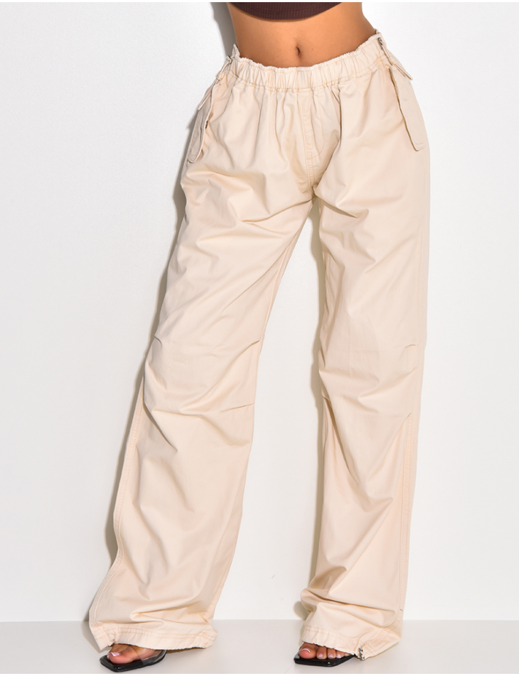 Wide-leg beige parachute trousers