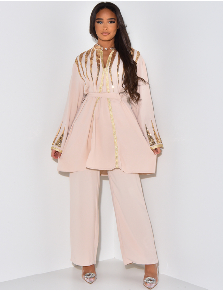 Diamanté-trimmed flowing tunic with tie and trousers co-ord