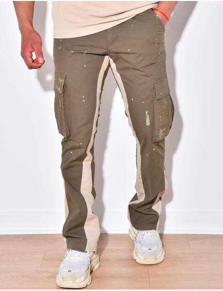 Pantalon bi-color à poches et tâches de peinture