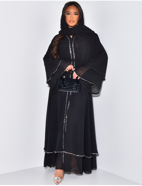 Abaya made in Dubai à strass argentés & voile assorti