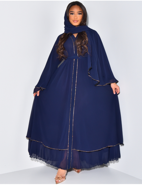 Abaya made in Dubai à strass dorés & voile assorti