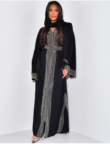 Robe abaya à nouer avec fermeture éclaire + foulard à strass