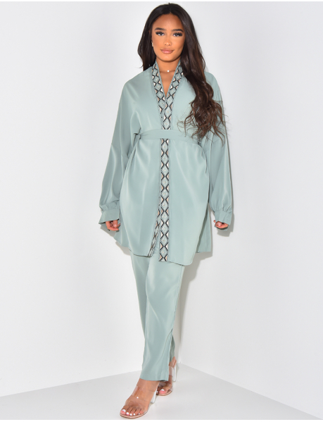 Tunic with embroidery and tie & loose trousers co-ord