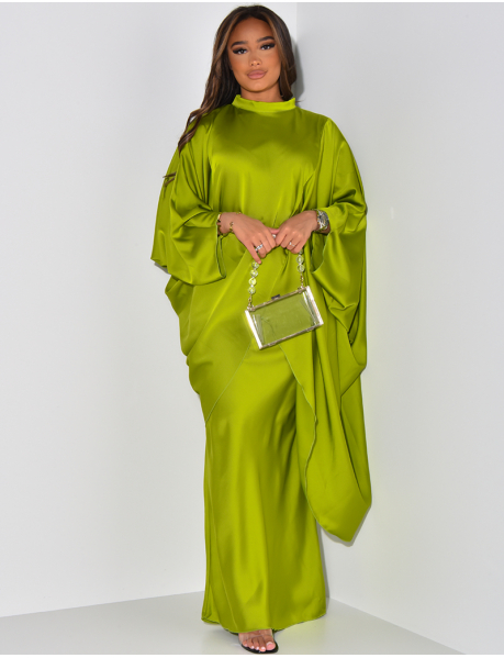 Satin tunic with bat sleeves and long skirt set