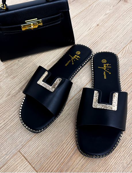 Faux leather flat sandals with golden inserts