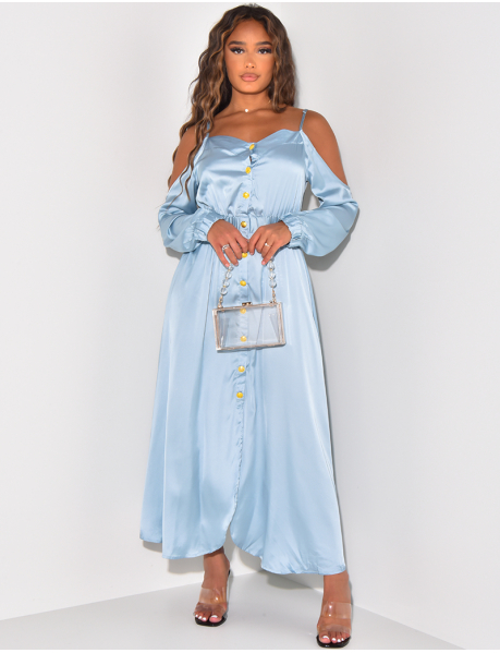 Fitted long off-the-shoulder dress with golden buttons