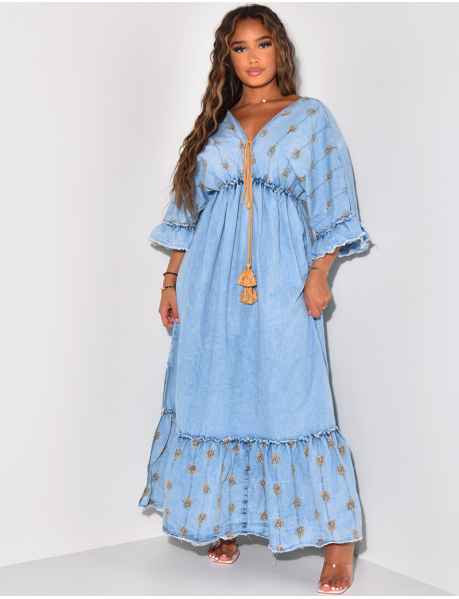 Bohemian denim dress with golden embroidery