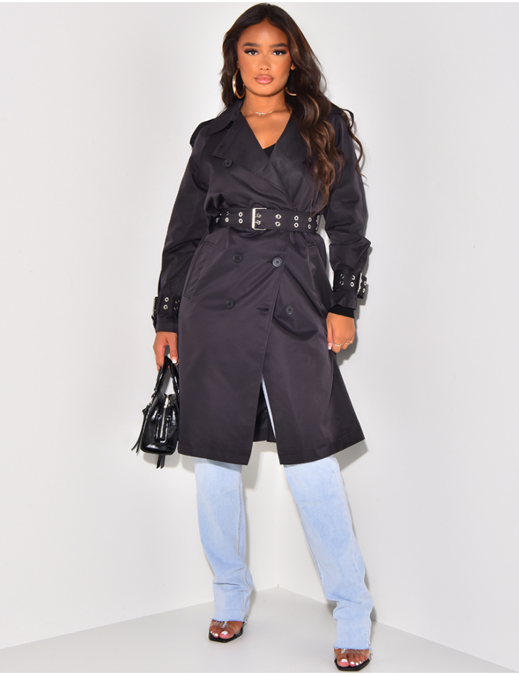 Mid-length trench coat with eyelet belt