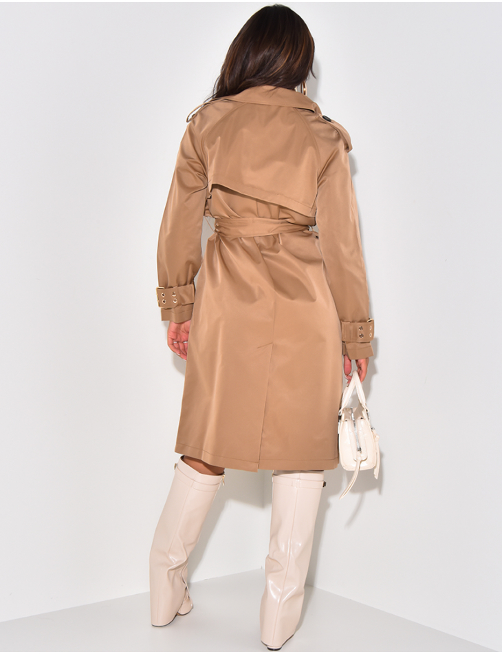 Mid-length trench coat with eyelet belt
