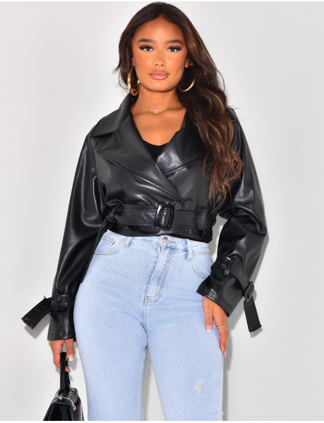   Belted short trench in imitation leather