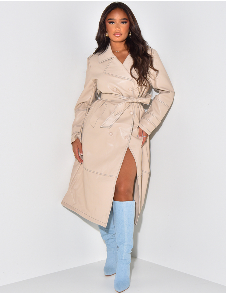 Long trench coat in vegan leather with contrasting seams