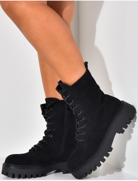 Suedette ankle boots with laces and thick sole