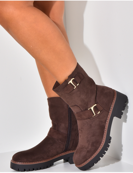 Suede ankle boots with gold buckle detail