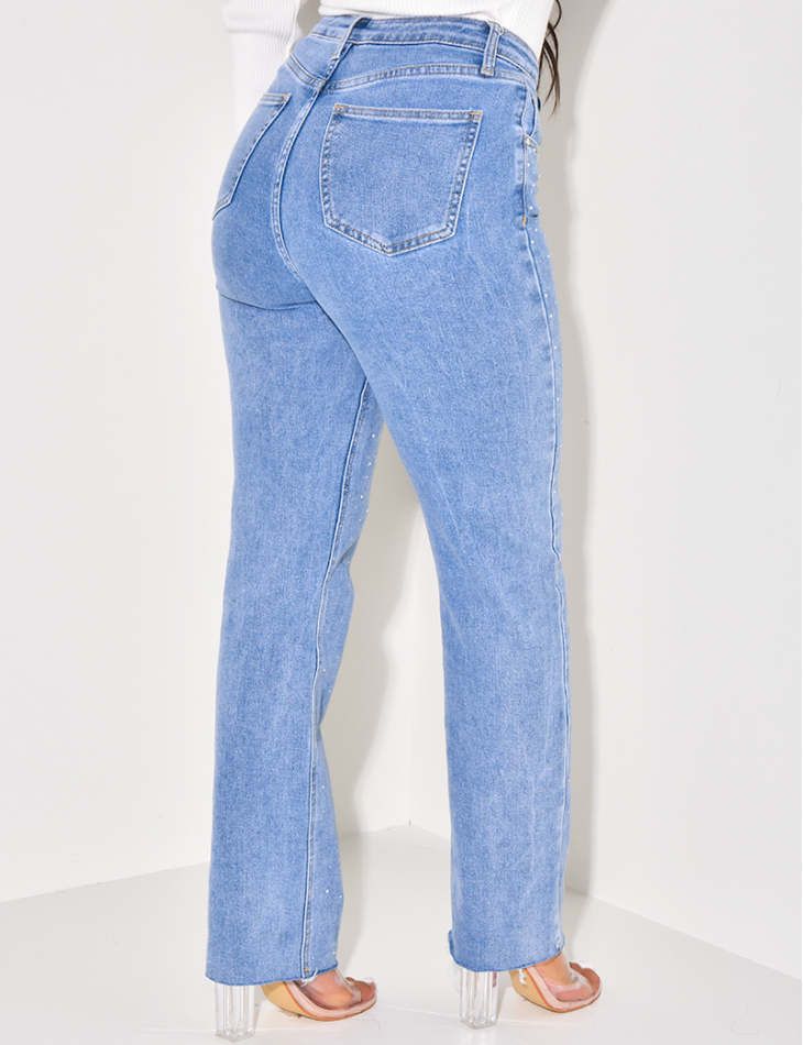 Jeans coupe droite stretchy à strass