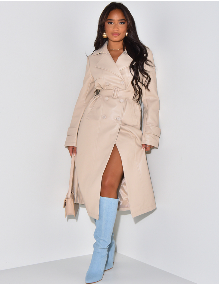 Very long trench coat in imitation leather