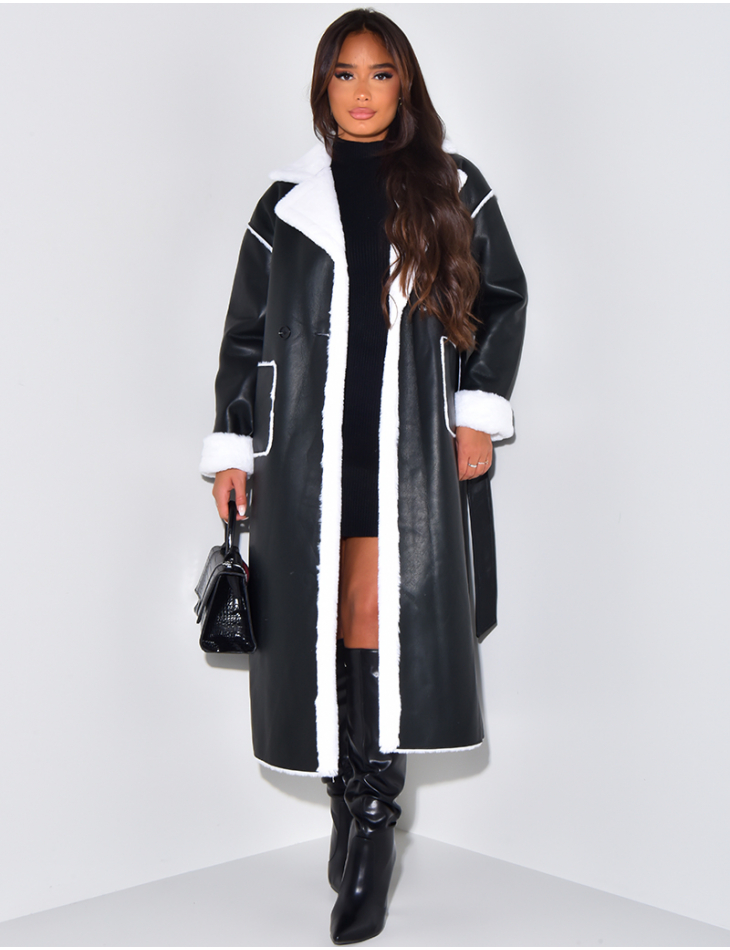   Long coat in imitation leather with fleece lining