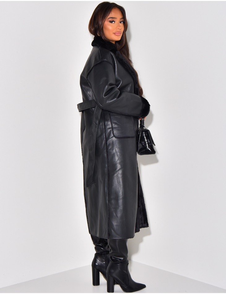   Long coat in imitation leather with fleece lining