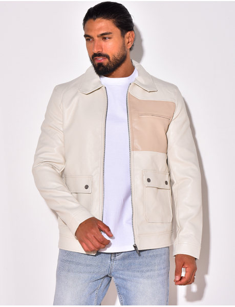  Imitation leather jacket with cargo pockets